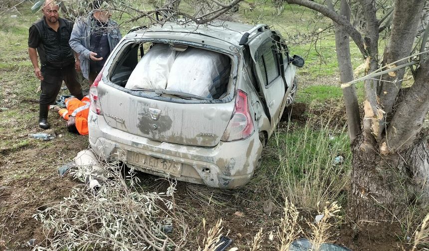Havran’da trafik kazası: Zeytin bhçesine devrilen araçta 2 kişi yaralandı!