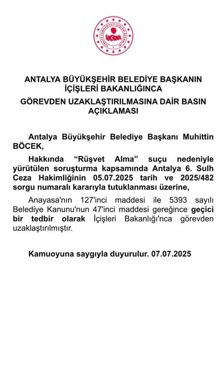 Antalya Buyuksehir Belediyesi Baskani Muhittin Bocek Gorevden Uzaklastirildi