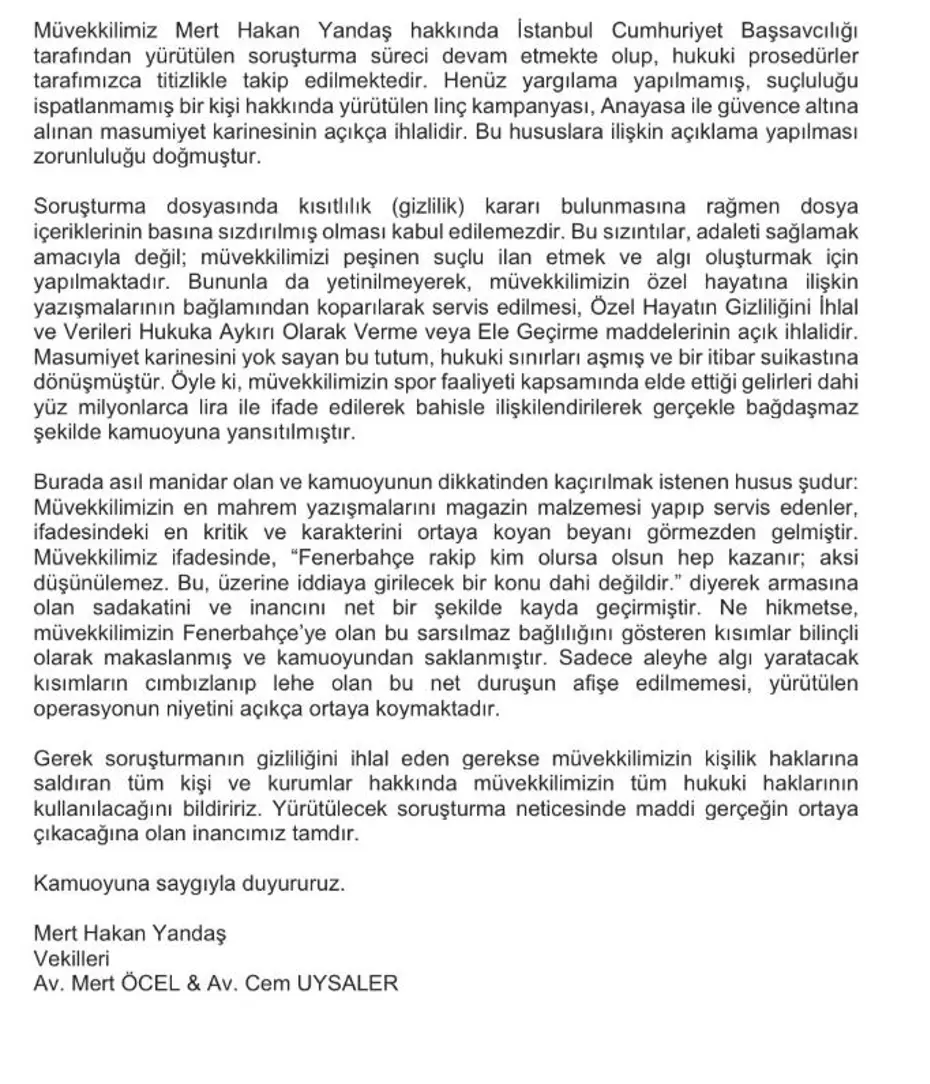 Mert Hakan Yandaş Açıklama